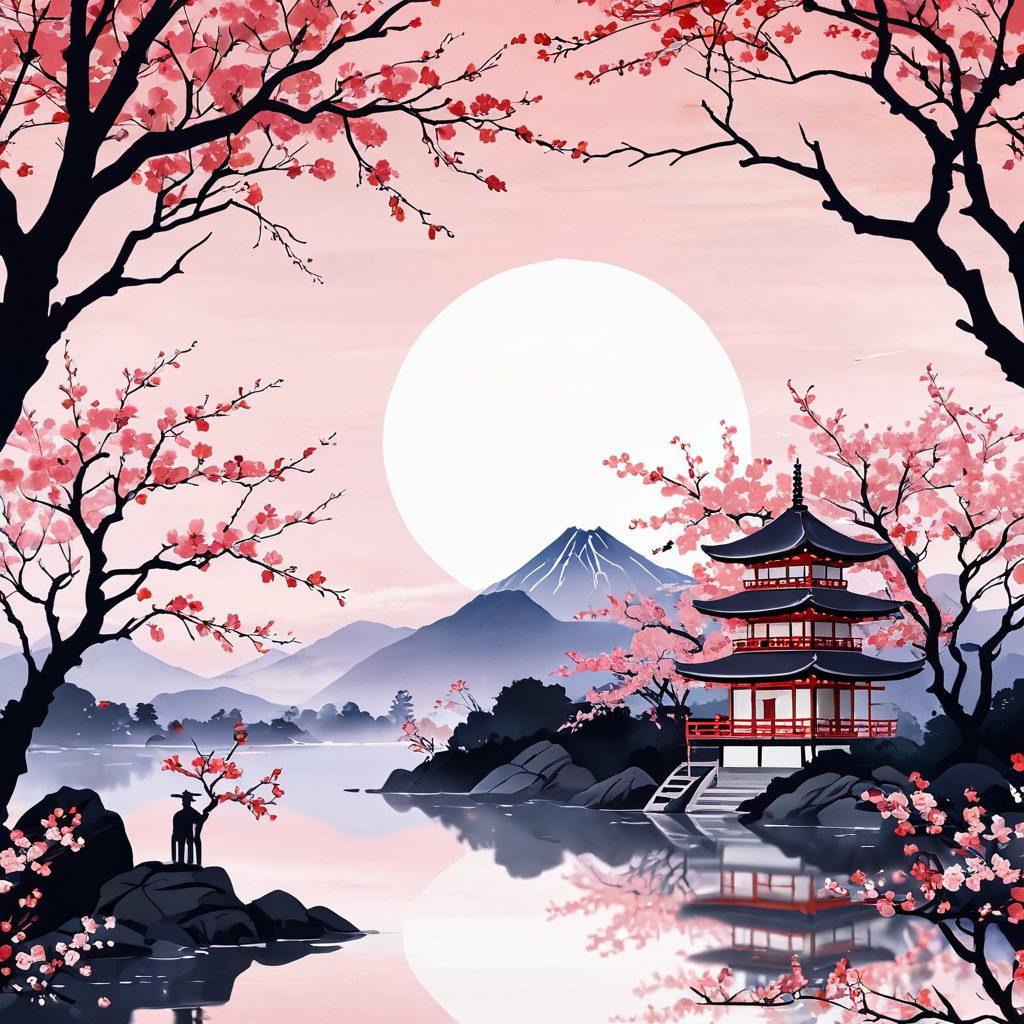 A serene and enchanting Japanese landscape featuring delicate cherry blossoms in full bloom, intertwined with subtle elements of sensuality such as graceful silhouettes and soft flowing fabrics. Incorporate traditional Japanese art styles like ukiyo-e patterns and suggestive yet tasteful motifs. The color palette should reflect deep reds, soft pinks, and gentle earth tones, evoking a sense of intimacy and allure. artistic interpretation. vibrant colors. ethereal and dreamlike.