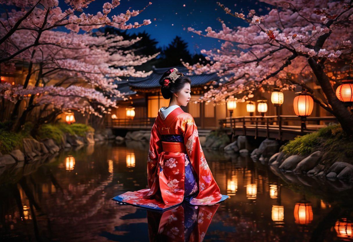 A captivating scene illustrating the art of seduction in Japan, featuring a beautiful traditional geisha in a vibrant kimono, surrounded by blooming cherry blossoms. Mysterious lanterns softly illuminate the night, reflecting the allure of fantasy while a serene pond mirrors the enchanting atmosphere. The contrast of delicate silk and the rich earth tones of nature evokes a sense of desire, inviting viewers into a romantic experience. super-realistic. vibrant colors. night setting.