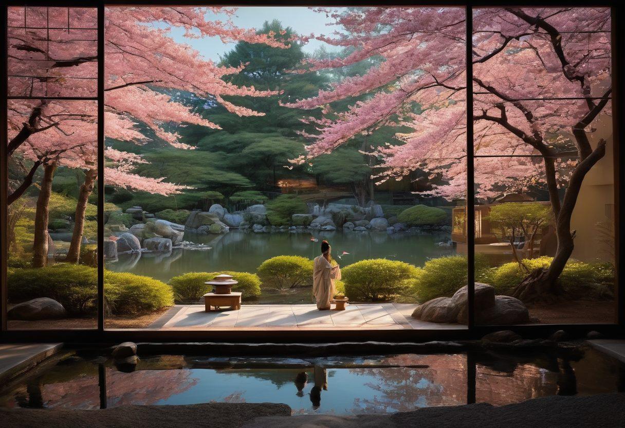 A serene Japanese garden with cherry blossoms subtly creating a romantic atmosphere. In the foreground, two silhouettes of people, engaging in an intimate moment, partially hidden by traditional Japanese shoji screens. Soft, warm lighting enhances an air of mystery and allure, while delicate details like a Koi pond and lanterns add cultural depth. The composition evokes a sense of tranquility and intimacy, inviting viewers to explore deeper themes. super-realistic. vibrant colors. atmospheric.